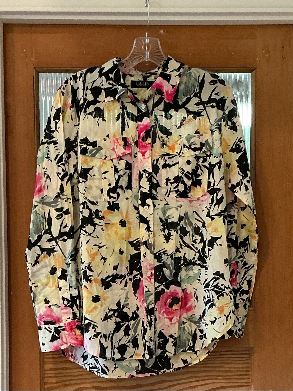 Lauren Ralph Lauren Floral Button-Down Shirt in Cream, Black, Pink & Yellow